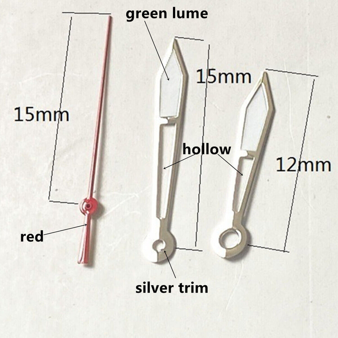 1. Silver trim hollow green lume watch hands set for Ronda 515 quartz movement.  