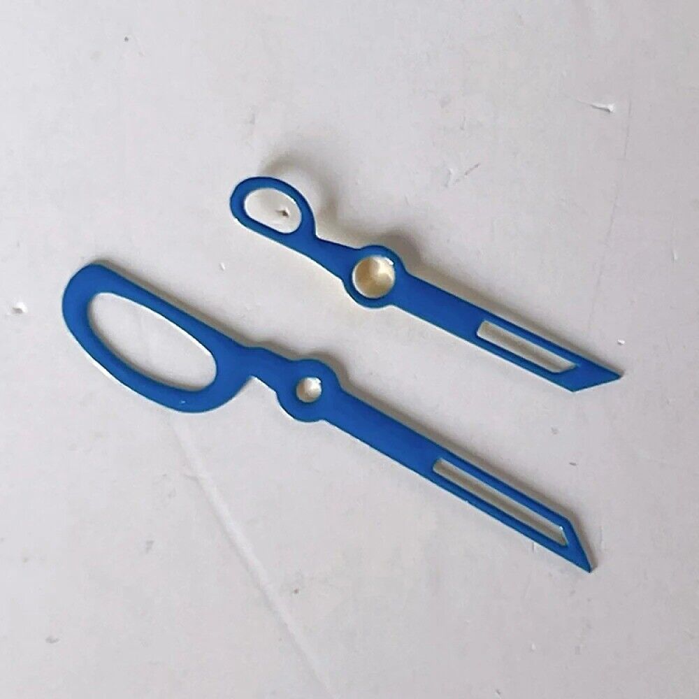 Blue 13mm scissors style watch hands set with no lume, compatible with NH35/NH36 movement, precision fit.