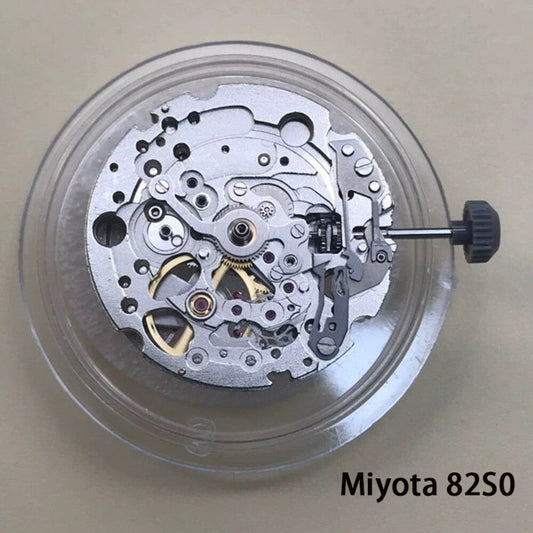 Miyota 82S0 automatic mechanical movement with golden and silver plated hollow design, precision timekeeping.