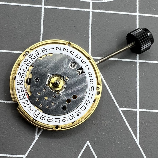 Swiss Made ETA F03.111 quartz watch movement with date at 3, precise 3-hand timekeeping