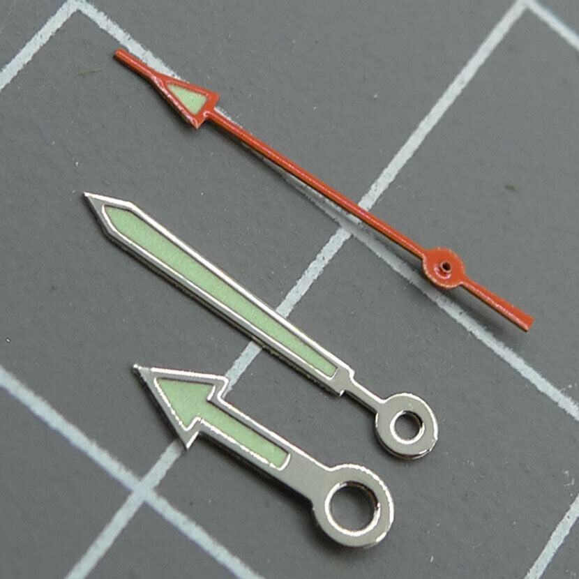 Arrow shape green luminous watch hands set for Miyota 2035 movement.