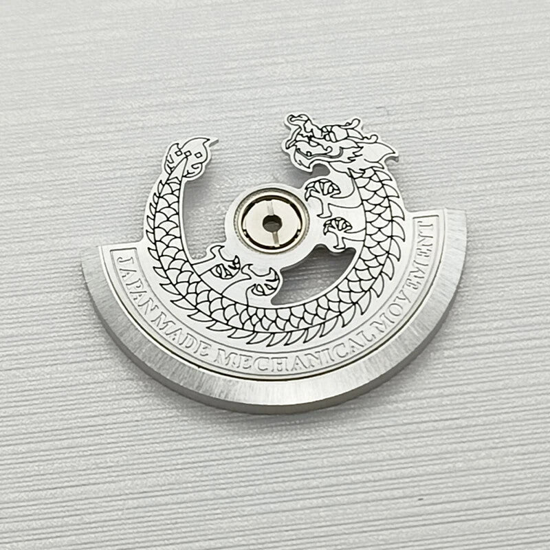 Silver Dragon carved rotor oscillating weight for NH35 NH36 watch movement, detailed design.