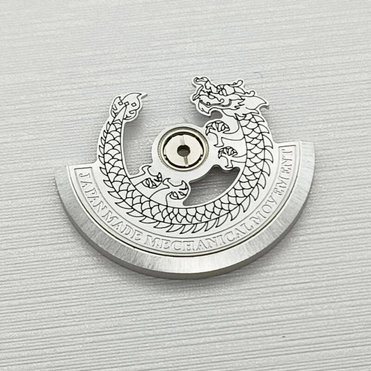 Silver Dragon carved rotor oscillating weight for NH35 NH36 watch movement, detailed design.