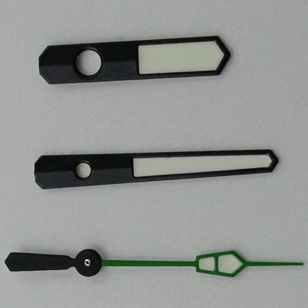 12.5mm Green and Black Trim watch hands with green lume for NH35, NH36, 7S26, 7S36 movements.