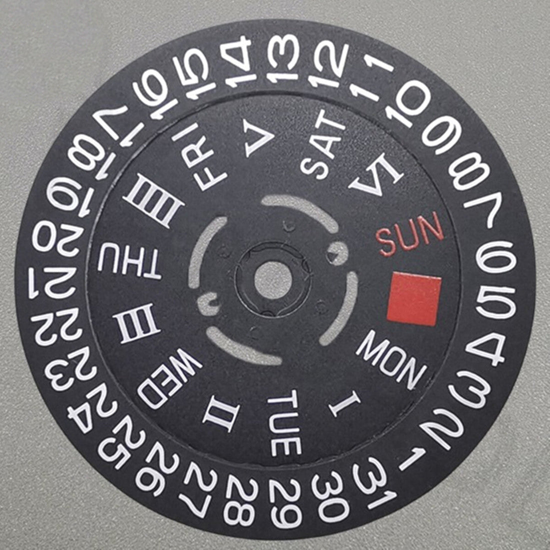 Black date disk wheel with white font for NH36 movement, date at 3 o'clock, crown at 3/3.8 position.