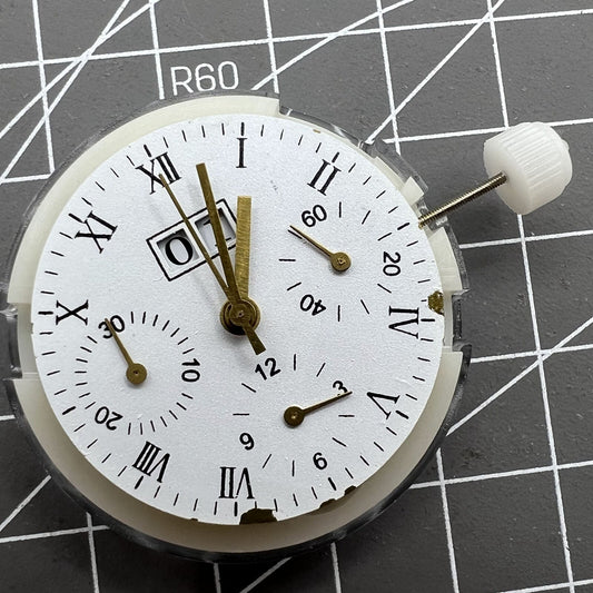 Shanghai 7750 watch movement with single calendar at 12 and small second at 3, automatic mechanical precision.