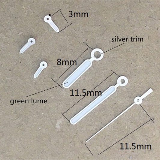 11.5mm silver-trimmed green luminous pointed watch hands for VD53 VD54 VD57 movements.