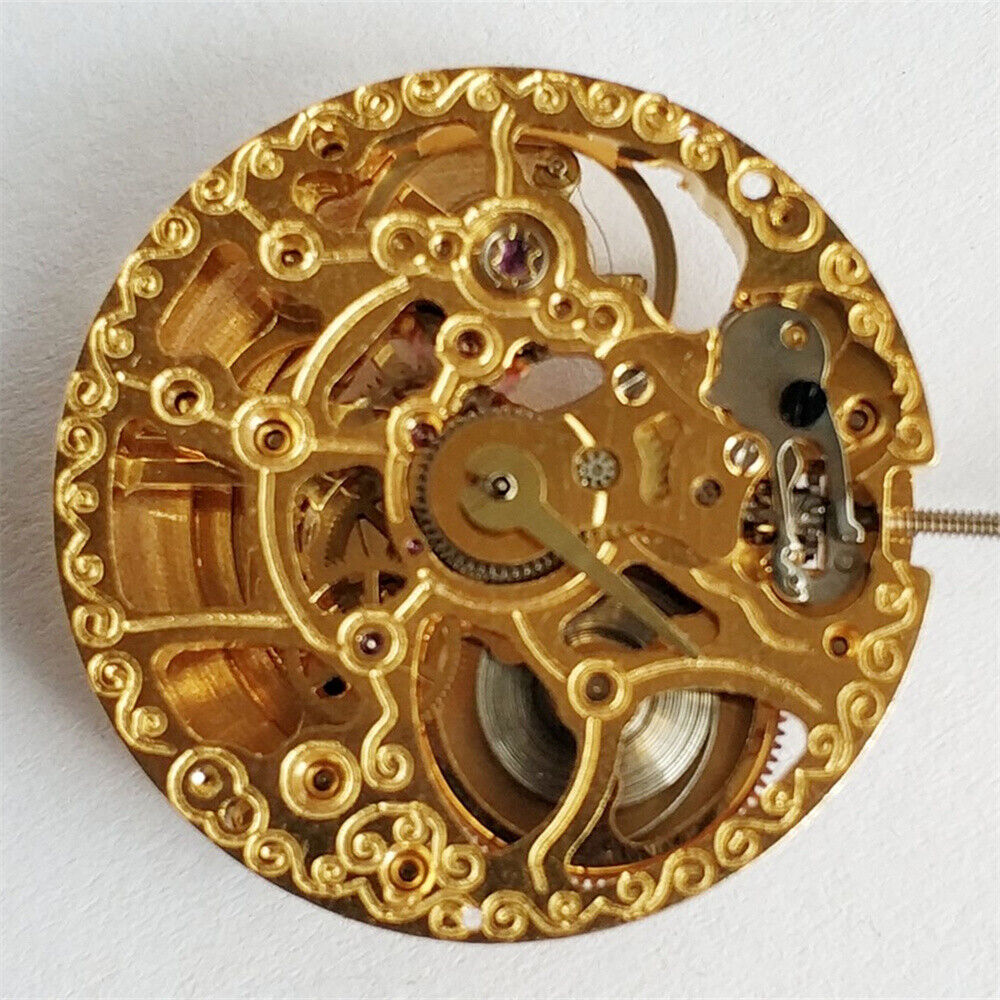 Golden hollow automatic mechanical movement by China Made, ideal for watch repair practice and restoration.