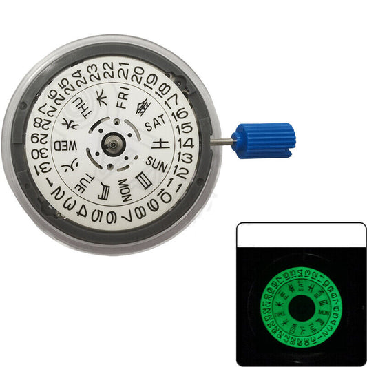 Japan NH36A watch movement with white dial, green lume, automatic mechanical, 3/3.8 crown position by Seiko.