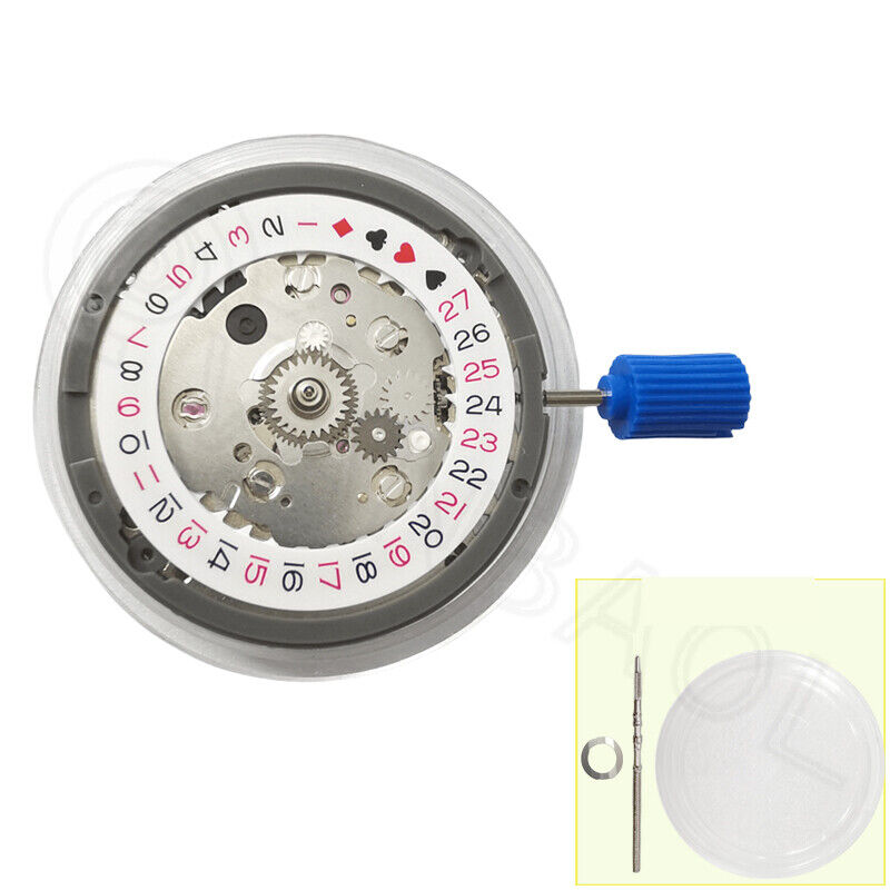 NH34 automatic GMT watch movement with hacking seconds and white date disk, Spades font style.