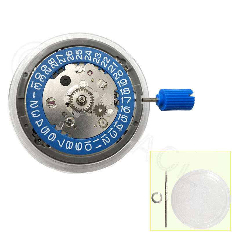 Close-up of NH34 Automatic Mechanical GMT watch movement with blue disk wheel and white font, showcasing precise timekeeping features.