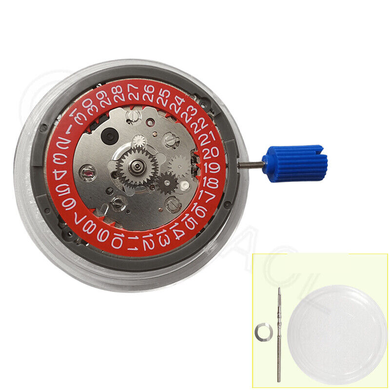 NH34 automatic mechanical GMT watch movement with hacking seconds, red disk wheel, and white font details.