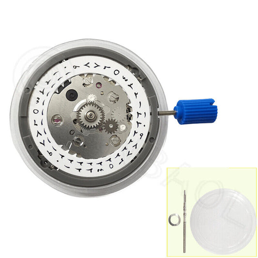 NH34 automatic GMT watch movement with hacking seconds and Arabic date at 3, high precision mechanism.