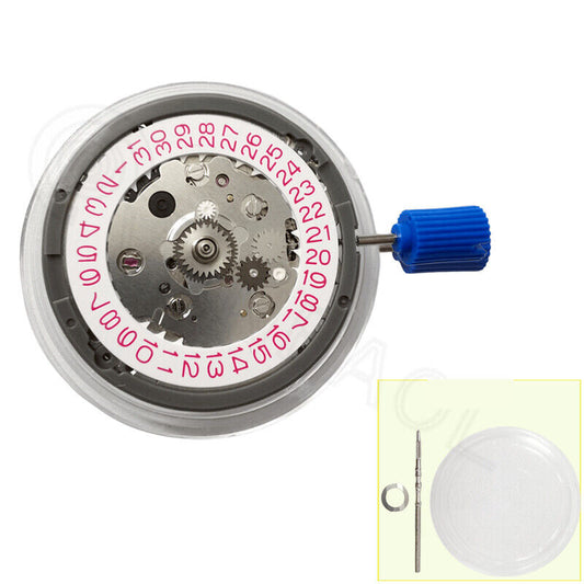 NH34 Automatic GMT watch movement with hacking seconds, red font on white date disk, precision timing.