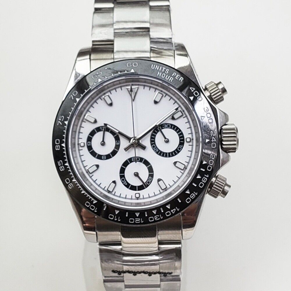 39mm stainless steel chronograph watch with sapphire glass and white dial by VK63, precise quartz movement