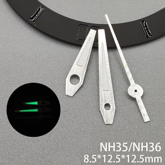 Silver trim green lume watch hands designed for NH35, NH36, NH38, NH70, NH71, NH72 movements, durable and precise.