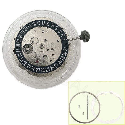 Miyota/Citizen 8215 automatic watch movement with black dial and date at 6 o?clock, Japan-made.