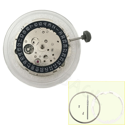 Miyota/Citizen 8215 watch movement with black dial and date at 3, Japanese automatic mechanical design