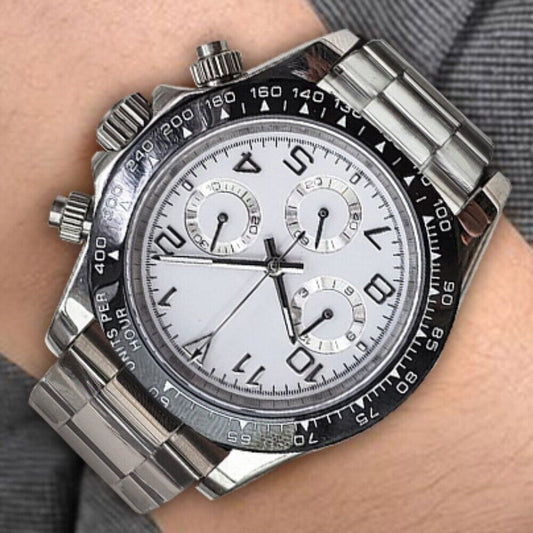 39mm Sapphire Glass VK63 Chronograph Quartz Watch with white dial and numeral disk