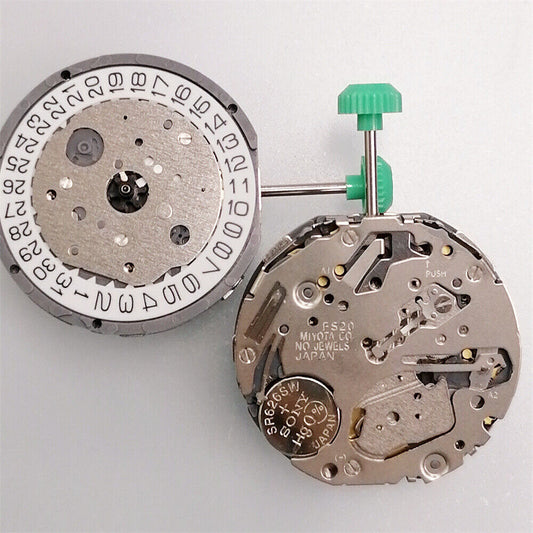 Japan Miyota FS20 chronograph watch movement with date at 3, precision quartz mechanism for accessories.