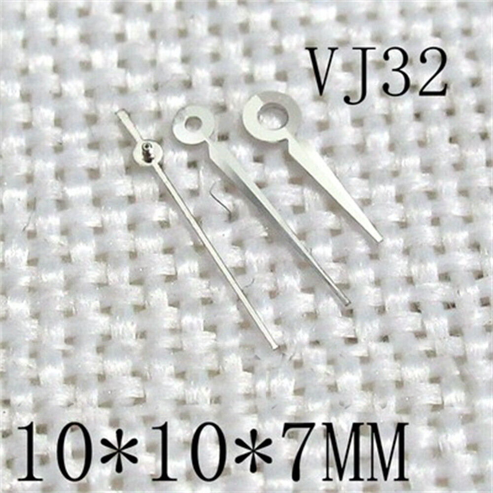 Silver trim pointed watch hands set, 3 hands for Epson VJ32 movement, precise fit and sleek design.