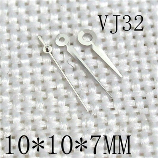 Silver trim pointed watch hands set, 3 hands for Epson VJ32 movement, precise fit and sleek design.