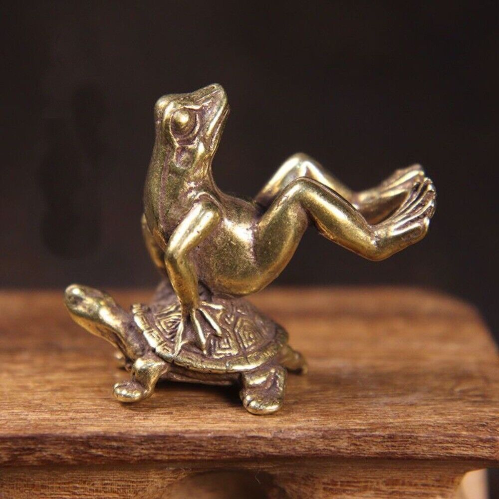 Hand-carved solid copper frog trinket with turtle-backed design, detailed bronze figurine.