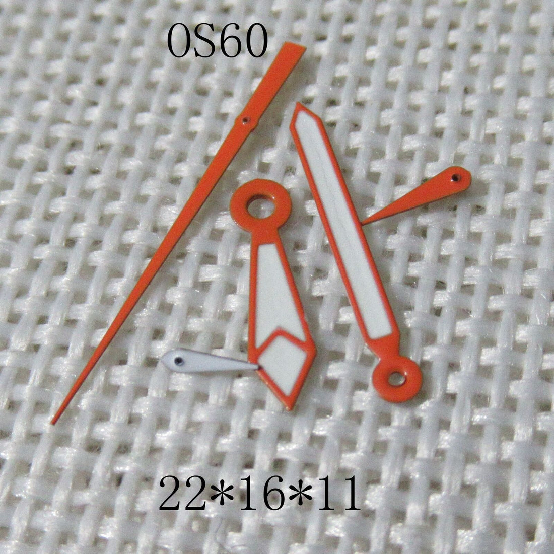 Orange-trimmed green lume watch hands for Miyota OS60 movement, precise fit and vibrant visibility.