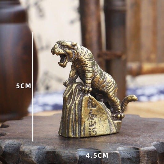 Hand-carved solid copper tiger trinket, vintage bronze model figurine accessory.
