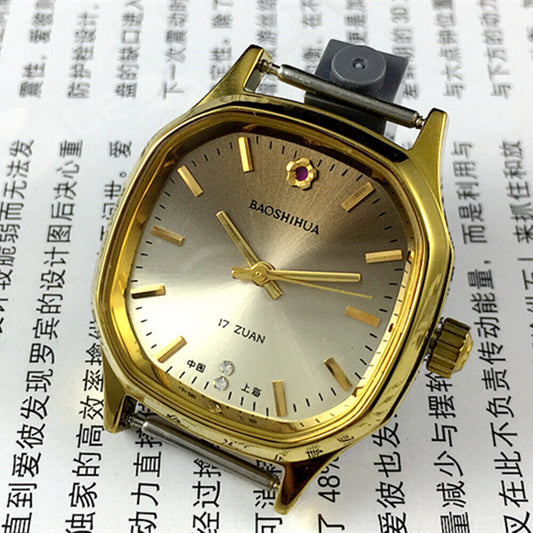 Shanghai Manual Mechanical Watch with golden nail markers, light brown dial, octagonal case design, elegant timepiece.