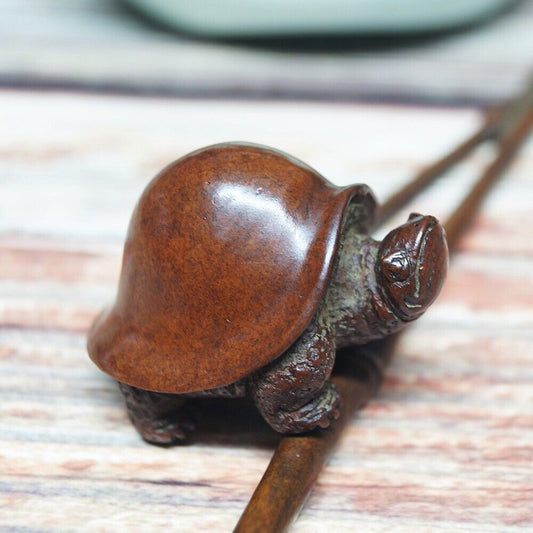 Hand-carved solid copper turtle figurine with Japanese design, bronze finish, perfect collectible.
