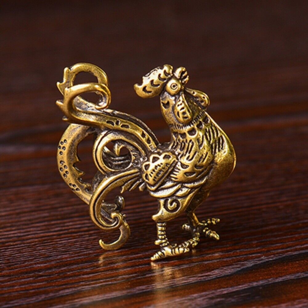 Solid copper golden rooster figurine, vintage hand-carved bronze model. Detailed craftsmanship for collectors.