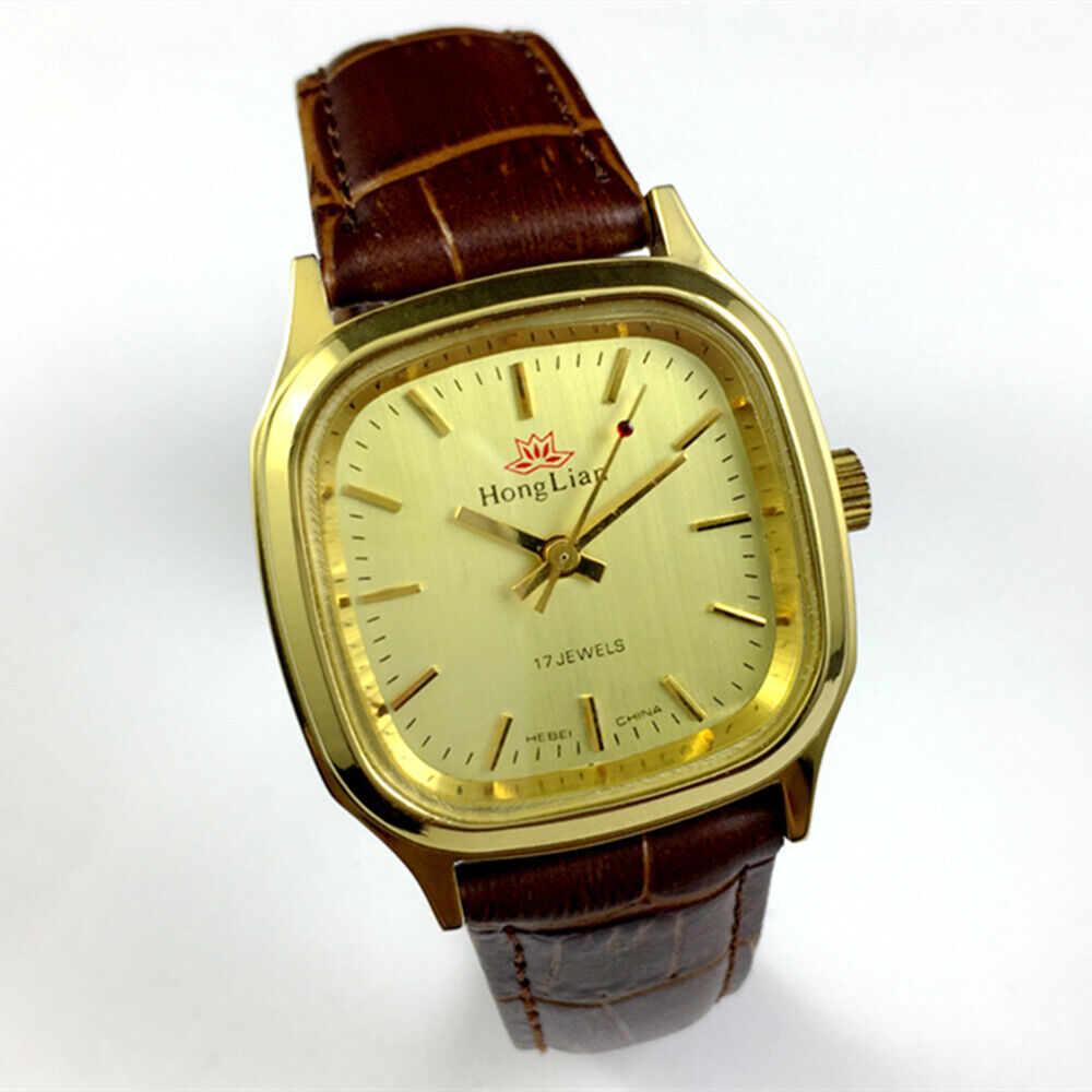 HONGLIAN manual mechanical watch with golden hands, nail markers, and elegant gold case for stylish wear.
