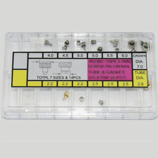 Set of 16 stainless steel watch crowns in silver and gold, including tubes and gaskets for precise repairs.