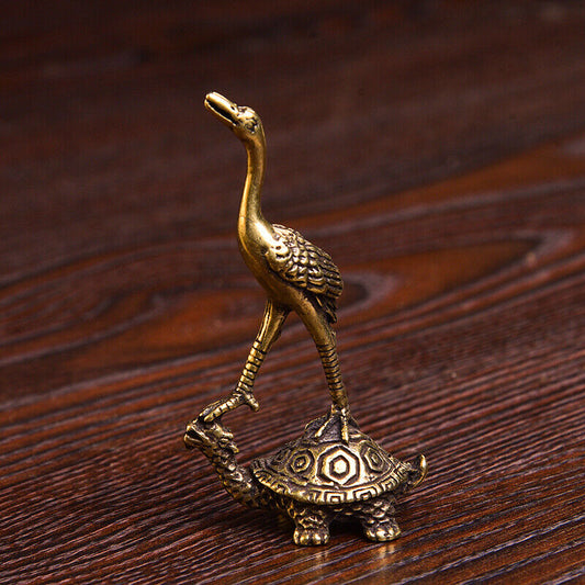 Solid copper turtle and crane trinkets, vintage hand-carved bronze figurines showcasing intricate craftsmanship.