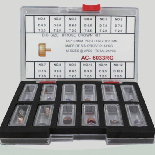Rose golden stainless steel watch crowns assortment kit, 24 large-sized parts for watch repairs and customization.