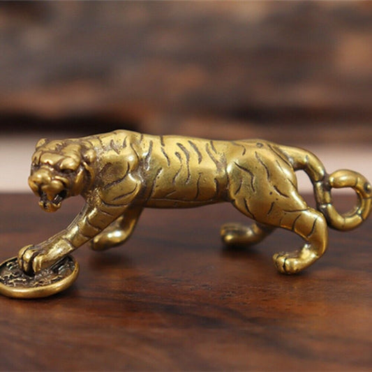 Hand carved solid copper tiger trinket by BronzeCraft, detailed collectible figurine for home decor.
