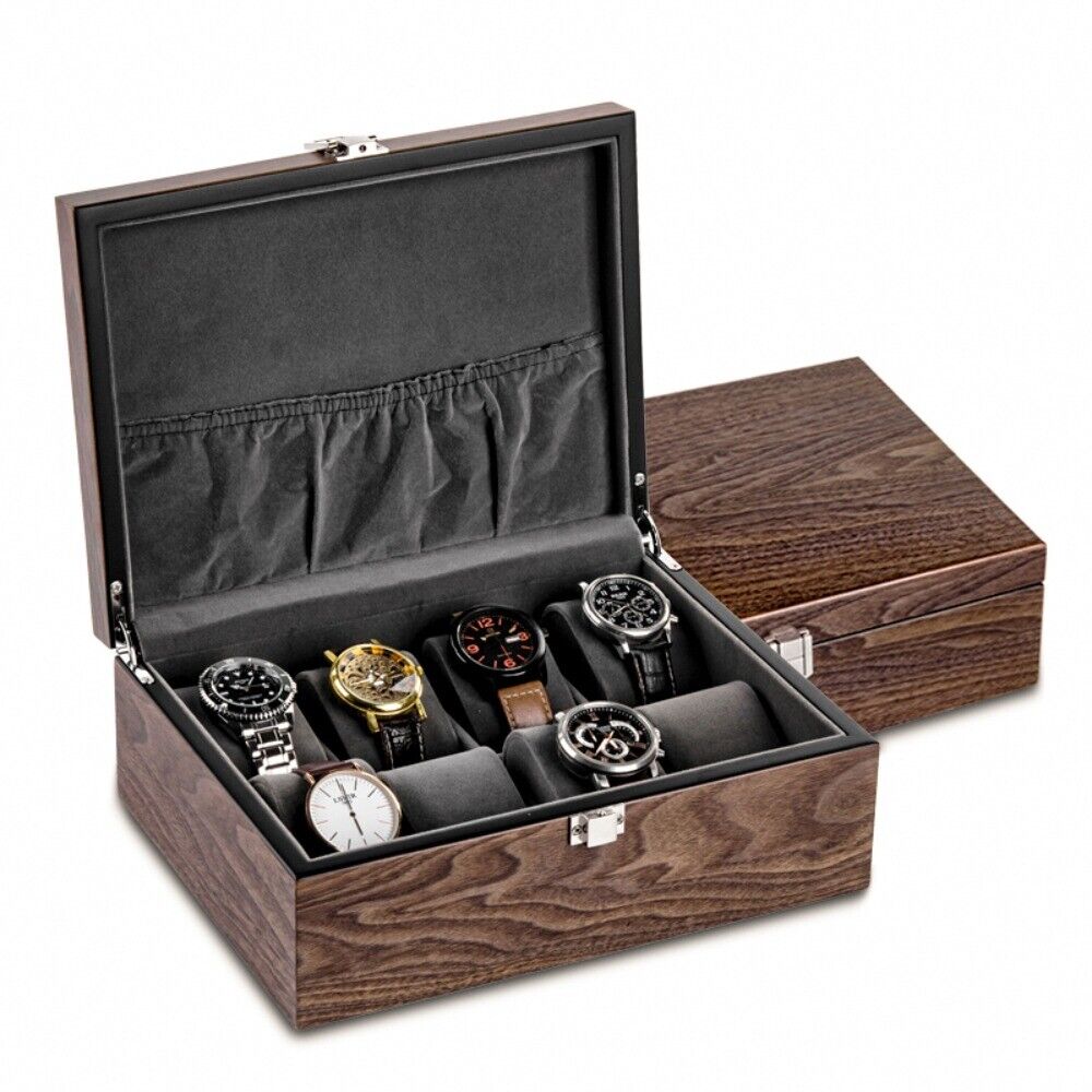 Walnut wood watch box organizer with 8 slots for elegant watch and jewelry storage.
