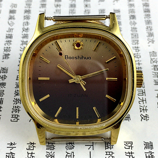Shanghai Manual mechanical watch with golden nail markers, square case, and gradient brown dial for elegant style.