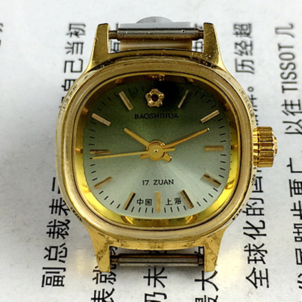 Shanghai Manual Mechanical Lady Watch with green dial, golden nail markers, and 17 jewels in square case.