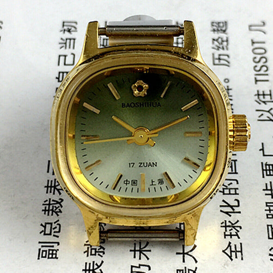 Shanghai Manual Mechanical Lady Watch with green dial, golden nail markers, and 17 jewels in square case.