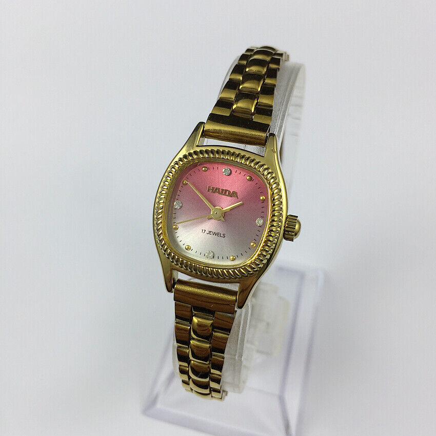 Elegant 22mm HAIDA lady watch with golden nail markers, 17 jewels, and gradient pink dial for stylish wear.