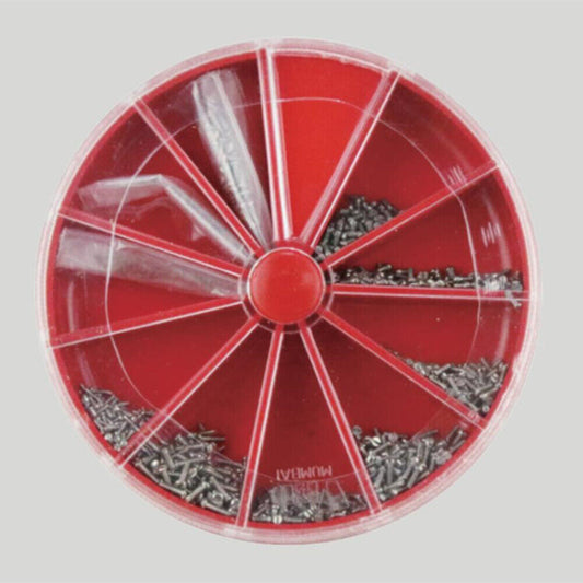 Assortment of 1000 precision screws for optical and watch repairs, ideal for detail work.