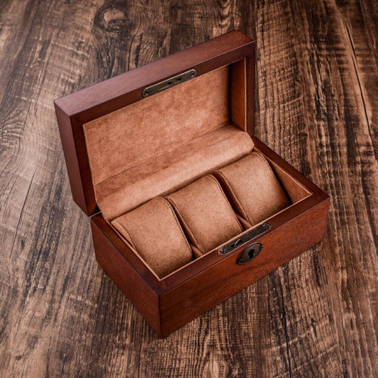 Black wooden watch box organizer with 3 slots, sleek design for storing and displaying watches.