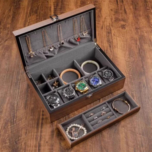 Walnut Wood watch box organizer with 5 slots and double layers for elegant storage and display.