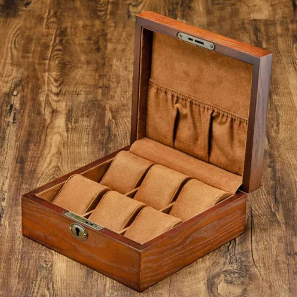 Wooden watch box organizer with 6 slots, double/single row storage, perfect for elegant display.