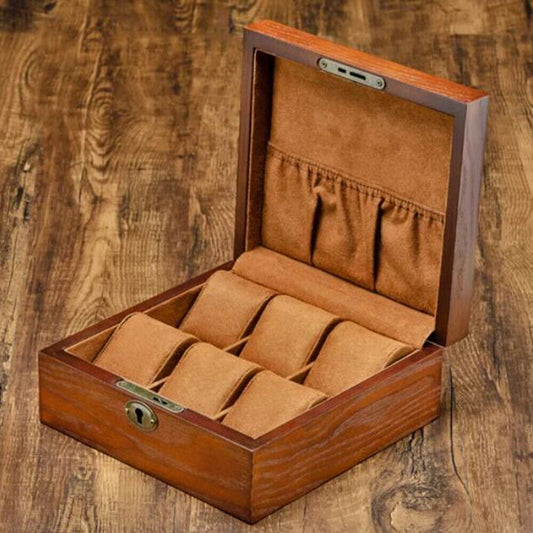 Wooden watch box organizer with 6 slots, double/single row storage, perfect for elegant display.