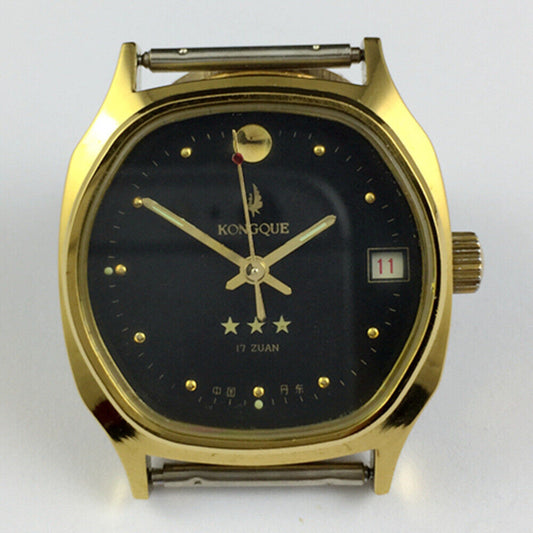 34mm Dandong Peacock manual mechanical watch with black dial, 17 jewels, single calendar, elegant design