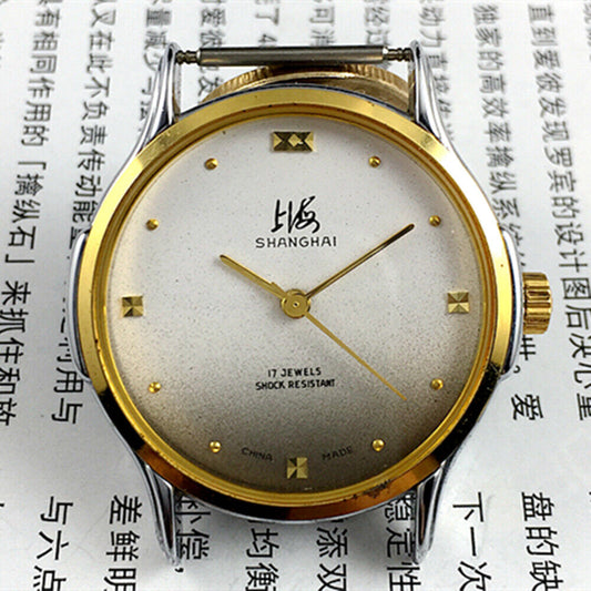 Shanghai Factory 37mm manual mechanical watch with gradient grey dial and 17 jewels, classic design.