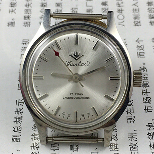 Chunlan 32mm manual mechanical watch with silver dial, 17 jewels, and silver nail markers.